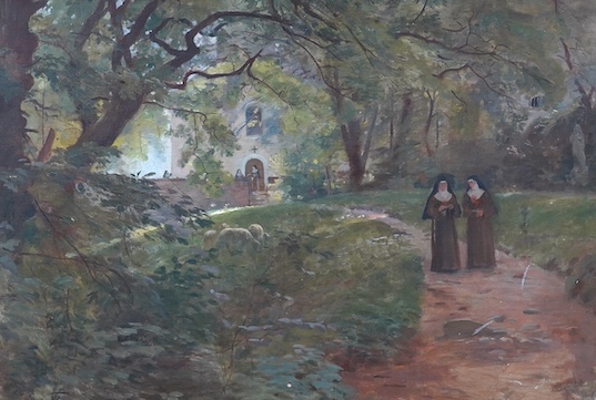 Edouard Gaspard Castres (1881-1964), oil on canvas, Nuns in Convent grounds, 37 x 53cm. Condition - good